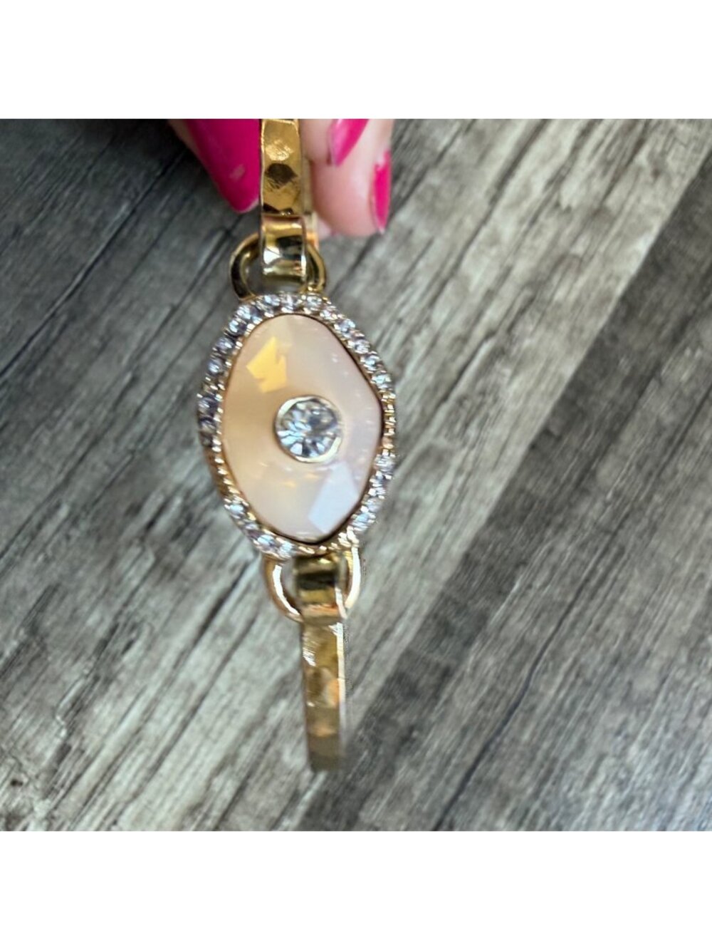 Gold-Tone Crystal Accent Bangle Bracelet With Faceted Stone & Rhinestone Halo